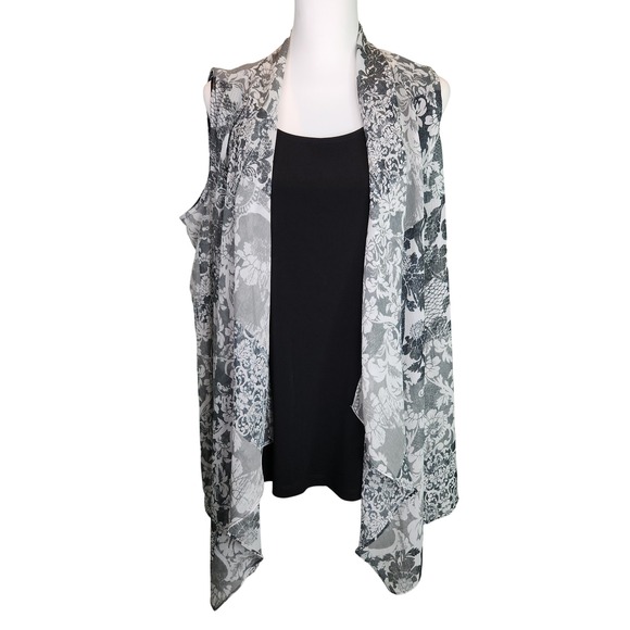 Susan Graver 2 Pieces Grey White Floral Damask Chiffon Vest Black Tank Size M - Picture 2 of 8